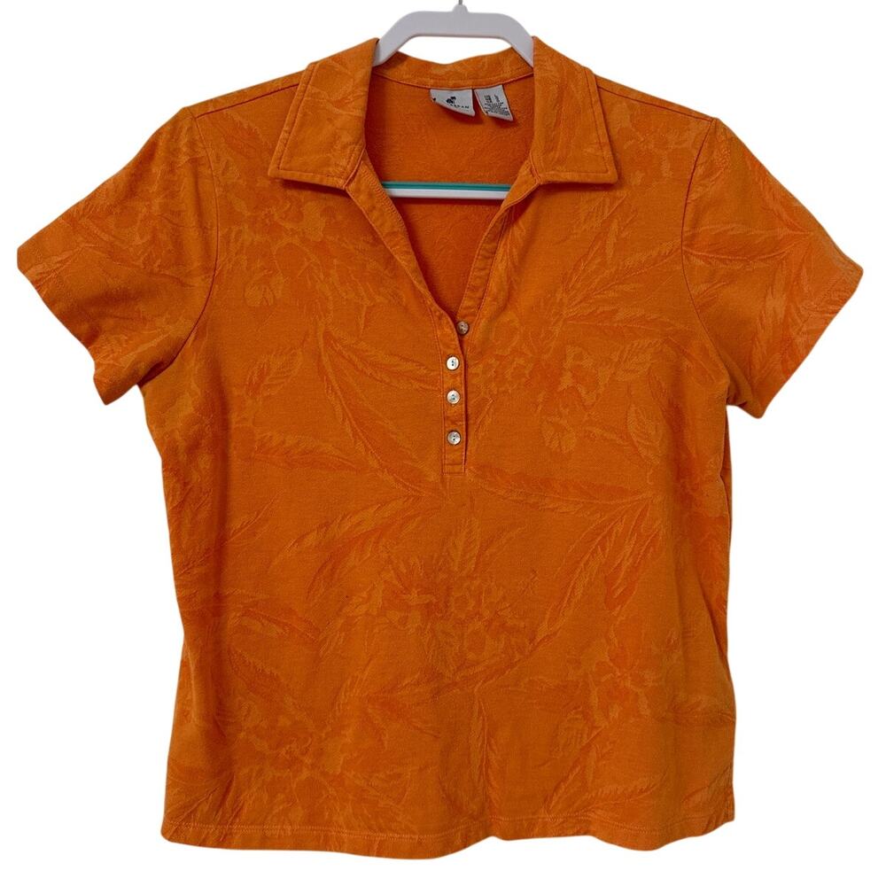 Caribbean Joe Large 60% Cotton Short Sleeve, 3 Button V Neck Collared Orange Top